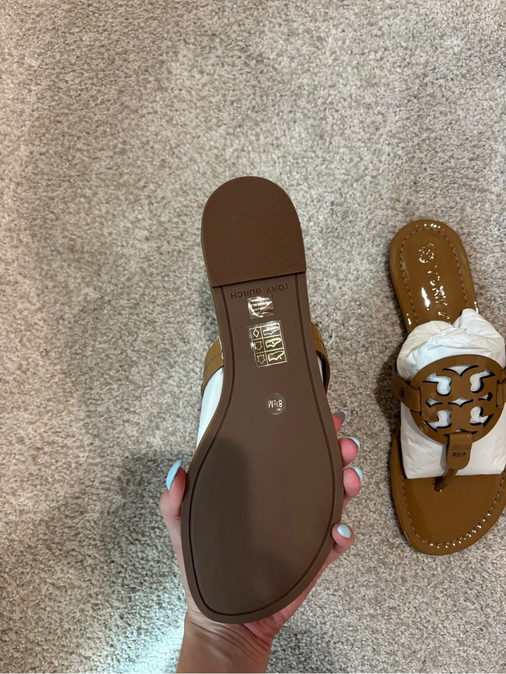 Tory Burch Cognac Brown Miller Logo Thong Sandals